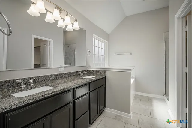 a bathroom with a granite countertop sink a mirror and a shower