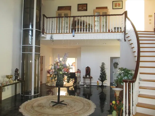 a living room with furniture a potted plant and wooden floor