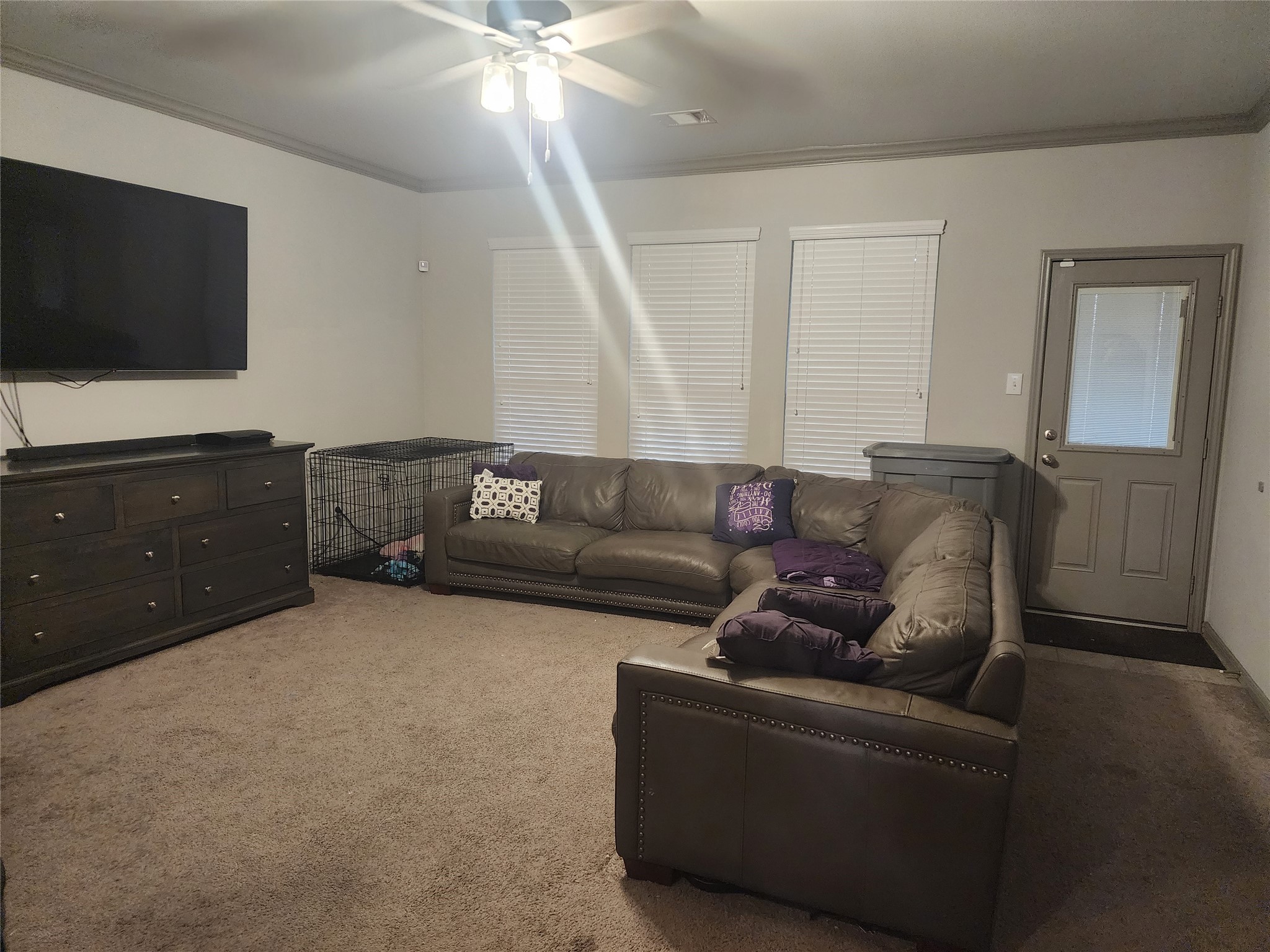 15611 Jackie Robinson Road Splendora, TX 77372 - Photo 4 of 6 Cozy family area with carpeted flooring and ample natural light from two windows. The space includes a ceiling fan and has a door leading to the backyard.