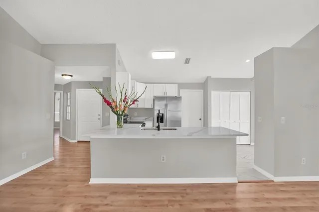 a view of a kitchen with kitchen island a sink wooden floor and a potted plant