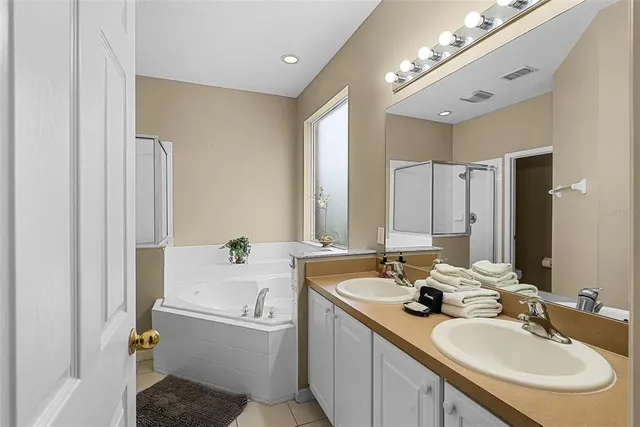 a bathroom with a tub shower and a sink