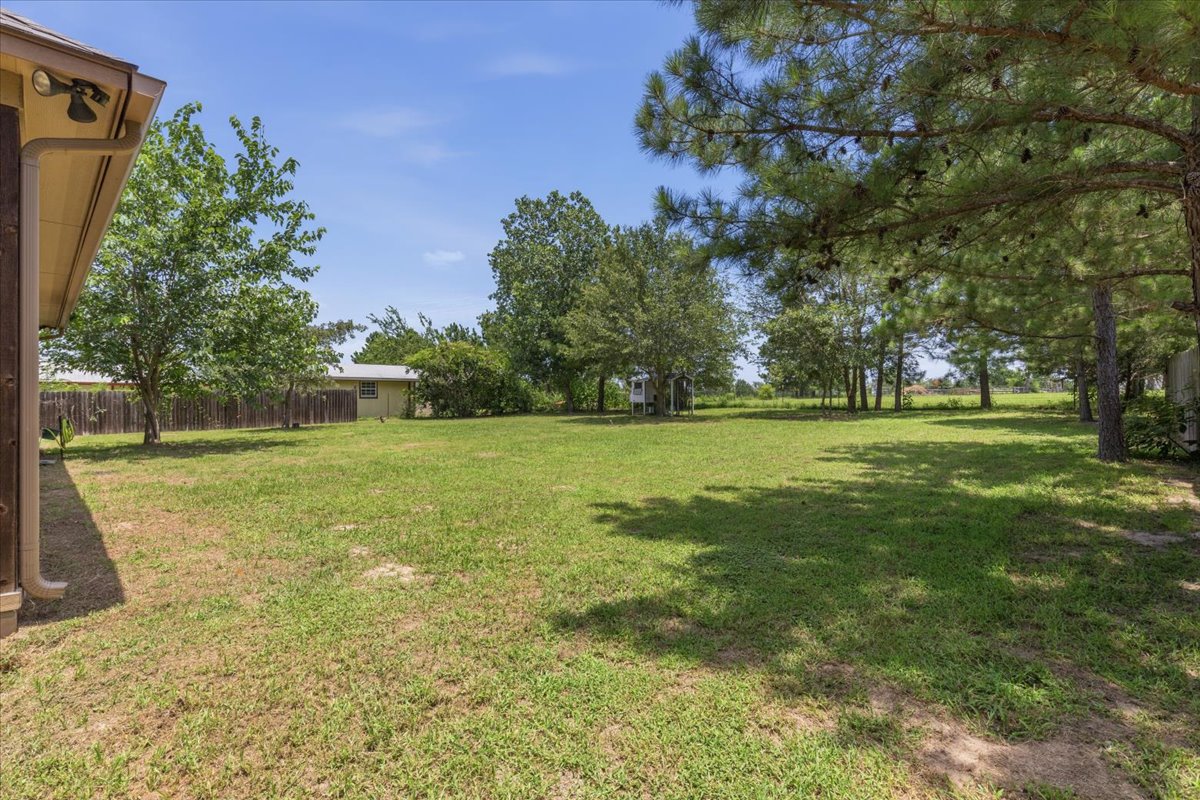 145 Cardinal Loop Paige, TX 78659 - Photo 35 of 40 An expansive yard, bordered by mature trees and a wooden fence, offers abundant outdoor space.