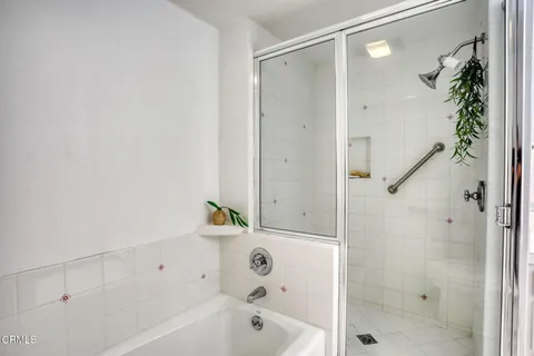 a bathroom with a bathtub and a shower