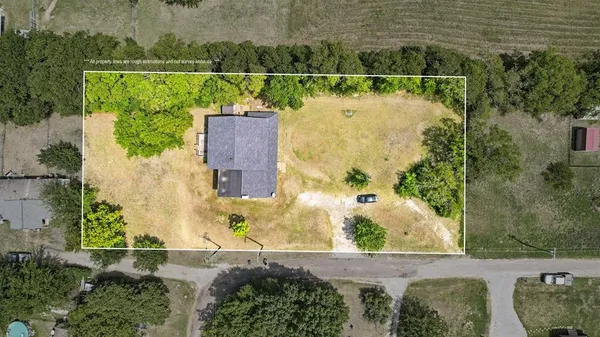 an aerial view of a yard with a swimming pool