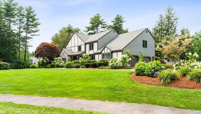 a aerial view of a house with a yard and potted plants