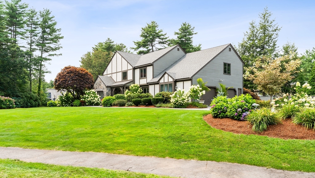 a aerial view of a house with a yard and potted plants
