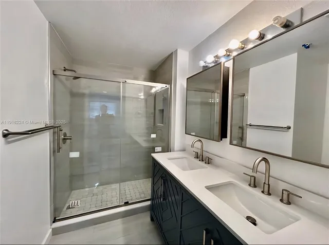 a bathroom with a shower sink vanity and mirror