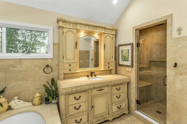 a bathroom with a granite countertop sink a mirror and shower