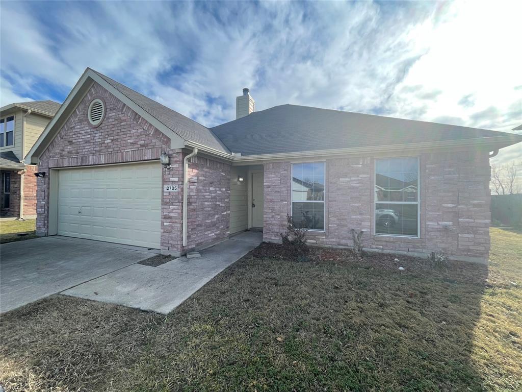 12705 Carpenter Lane Rhome, TX 76078 - Photo 1 of 1 Ranch-style house with concrete driveway, an attached garage, brick siding, a shingled roof, and a chimney