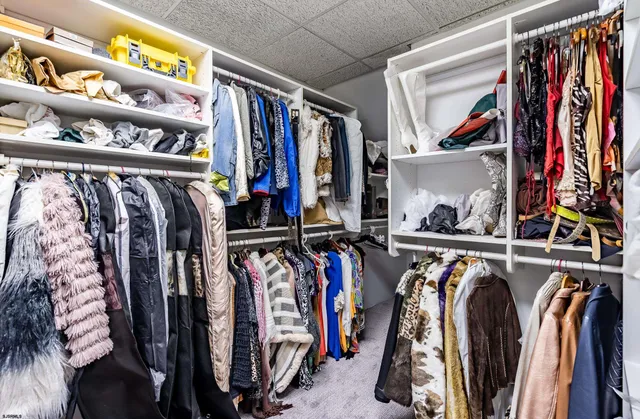 a view of walk in closet with clothes and shoes