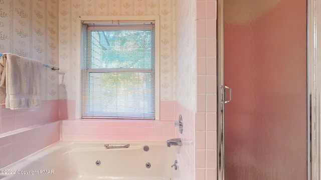 a bathroom with a bathtub and a shower