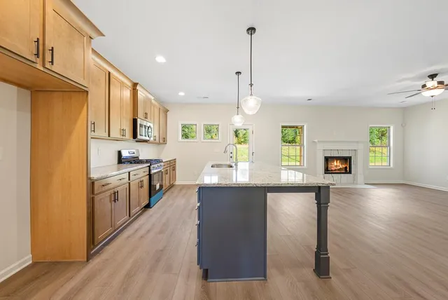 a kitchen with stainless steel appliances granite countertop a stove a sink and a refrigerator