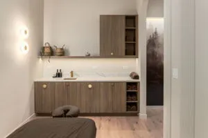 a bathroom with a sink and a mirror