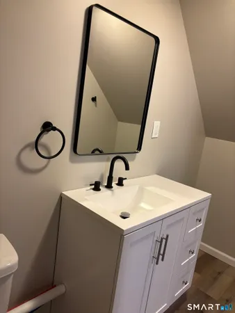 a bathroom with a sink a toilet and mirror