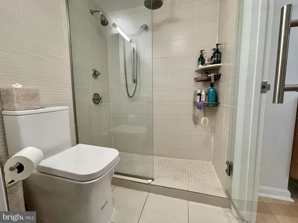 a bathroom with a shower and a toilet