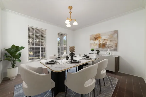 a dining room with wooden floor a chandelier a wooden table and chairs