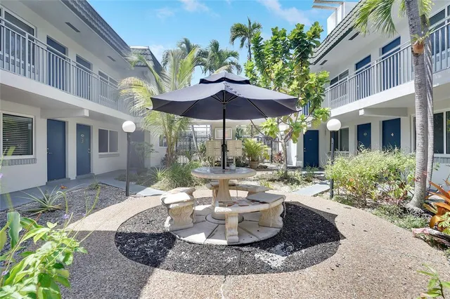 a view of a house with backyard and sitting area