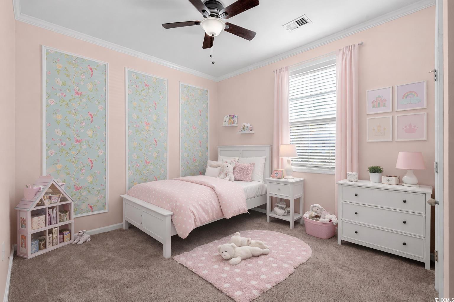 292 Carmello Circle Conway, SC 29526 - Photo 8 of 33 Virtually staged. bedroom with ornamental molding, carpet, and ceiling fan