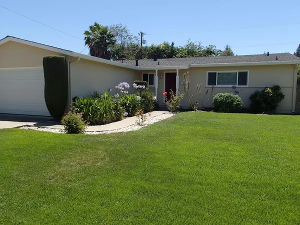 a view of a house with a yard and potted plants