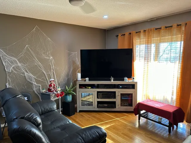 a room with furniture a rug and a mirror