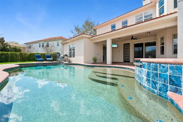 a view of a house with swimming pool and a yard