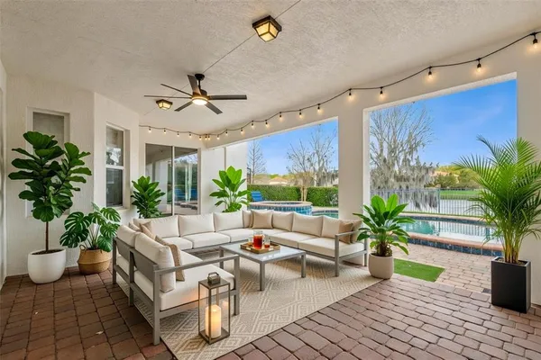 a living room with furniture potted plant and a window
