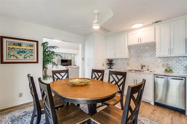 a view of a dining room with furniture