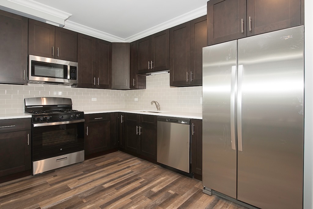 4117 South Michigan Avenue, Unit 2N Chicago, IL 60653 - Photo 3 of 20 a kitchen with stainless steel appliances wooden cabinets and granite counter tops