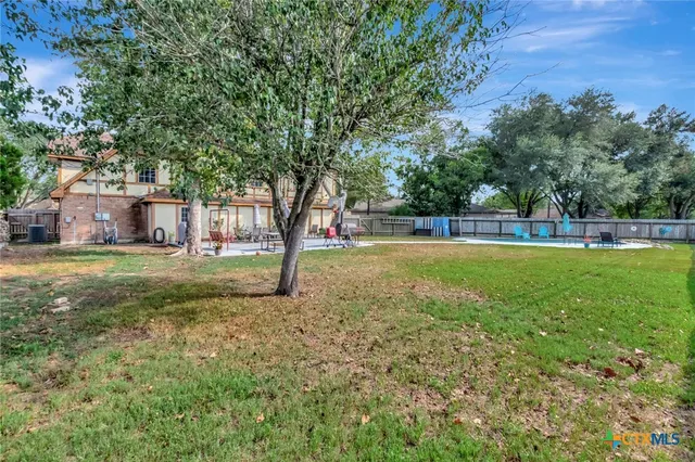 a view of a park with large trees