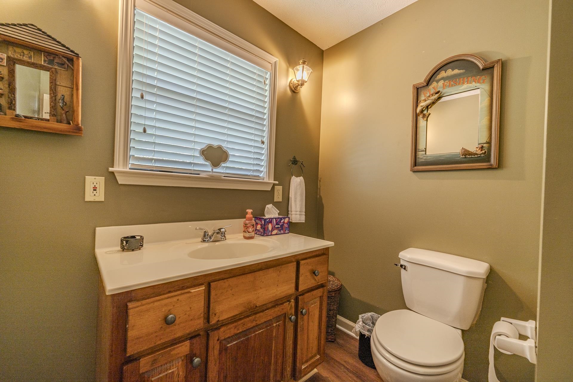 435 Murray Lane Counce, TN 38326 - Photo 30 of 34 Bathroom featuring a wood-finish vanity with a white countertop and integrated sink, a window with blinds, and light green walls