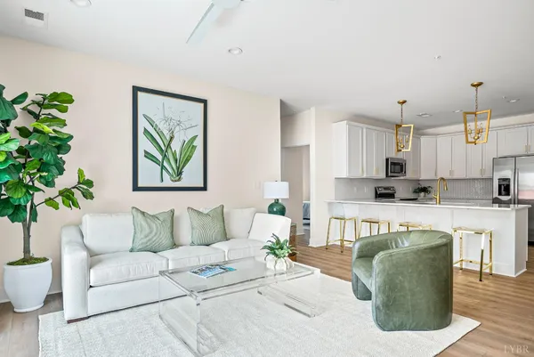 a living room with furniture and a potted plant