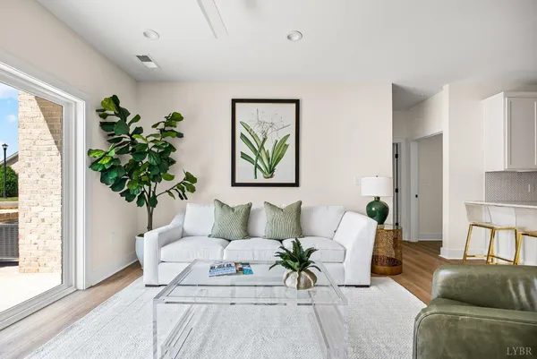 a living room with furniture and a potted plant
