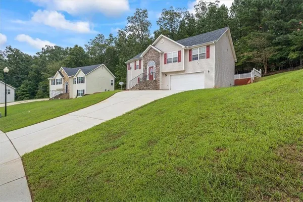 a front view of a house with yard and green space