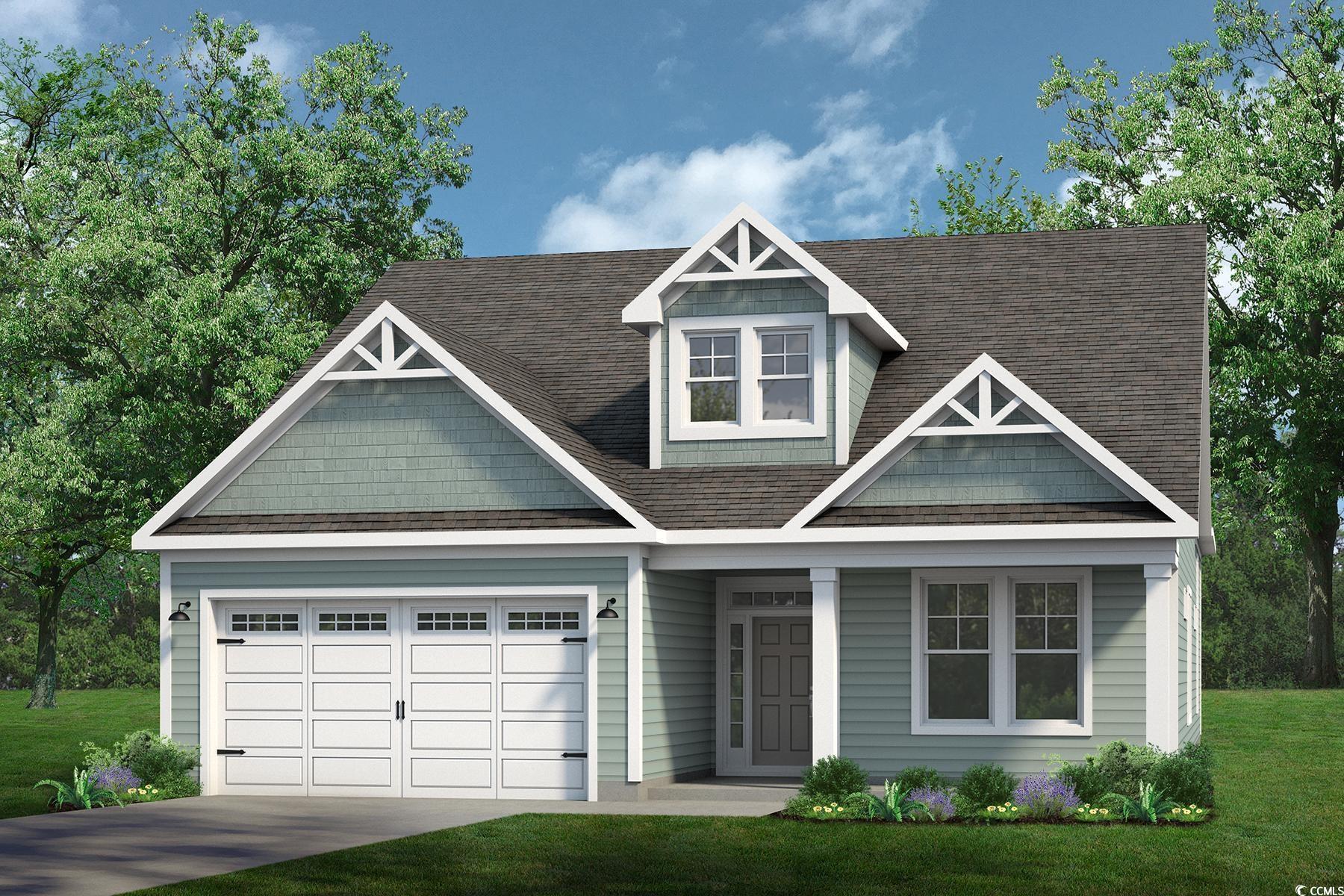 View of front of house featuring a front lawn, concrete driveway, an attached garage, and roof with shingles