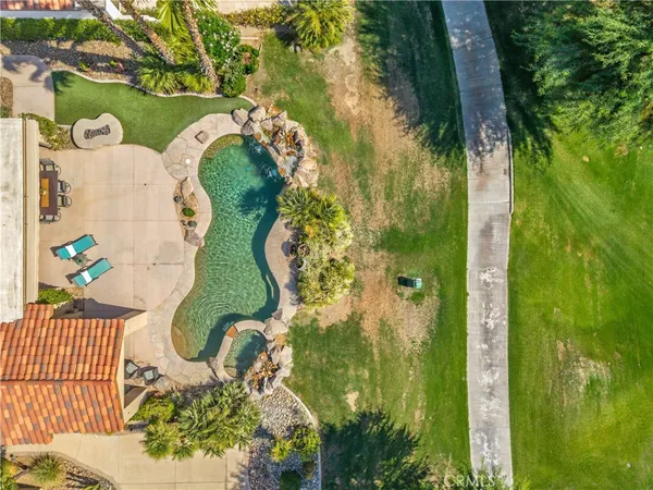 an aerial view of a swimming pool