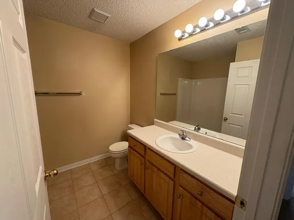 a bathroom with a sink a toilet mirror and vanity