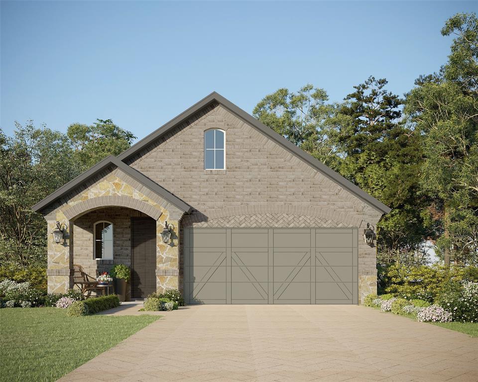 811 Stone Grv Road Lavon, TX 75166 - Photo 1 of 3 Exterior facade featuring a brick finish with stone accents, an arched entry porch, a windowed garage door, a gabled roof, and a paved driveway