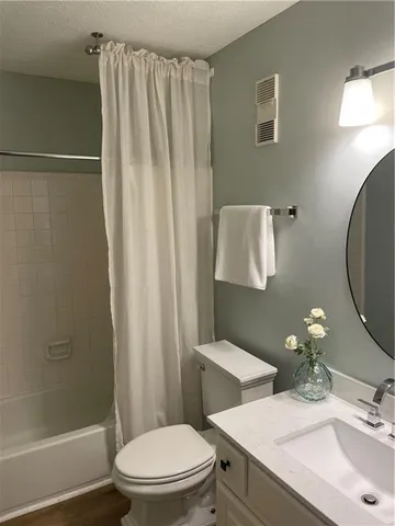 a bathroom with a sink a toilet and shower curtain