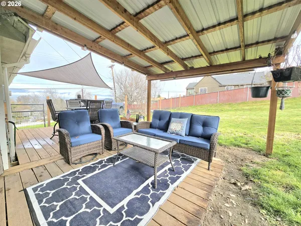 a building outdoor space with patio furniture