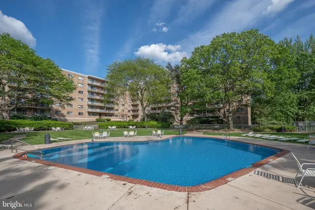 a view of a swimming pool with a yard and large trees