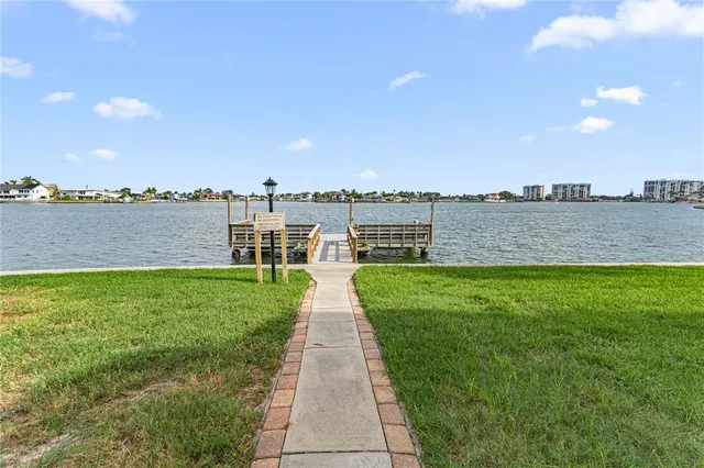 a view of a lake with a garden and plants