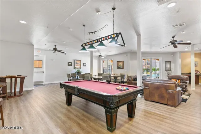 a view of a dining room with furniture