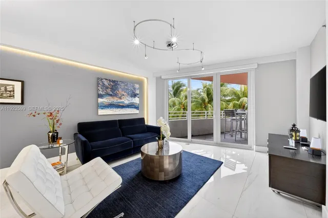 a living room with furniture potted plant and a large window