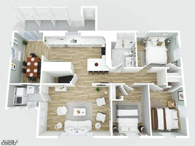 a view of living room with stainless steel appliances kitchen island granite countertop furniture and rug