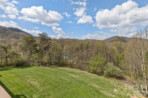 a view of a yard with mountains in the background