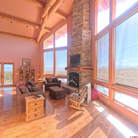 a living room with furniture a fireplace and a floor to ceiling window