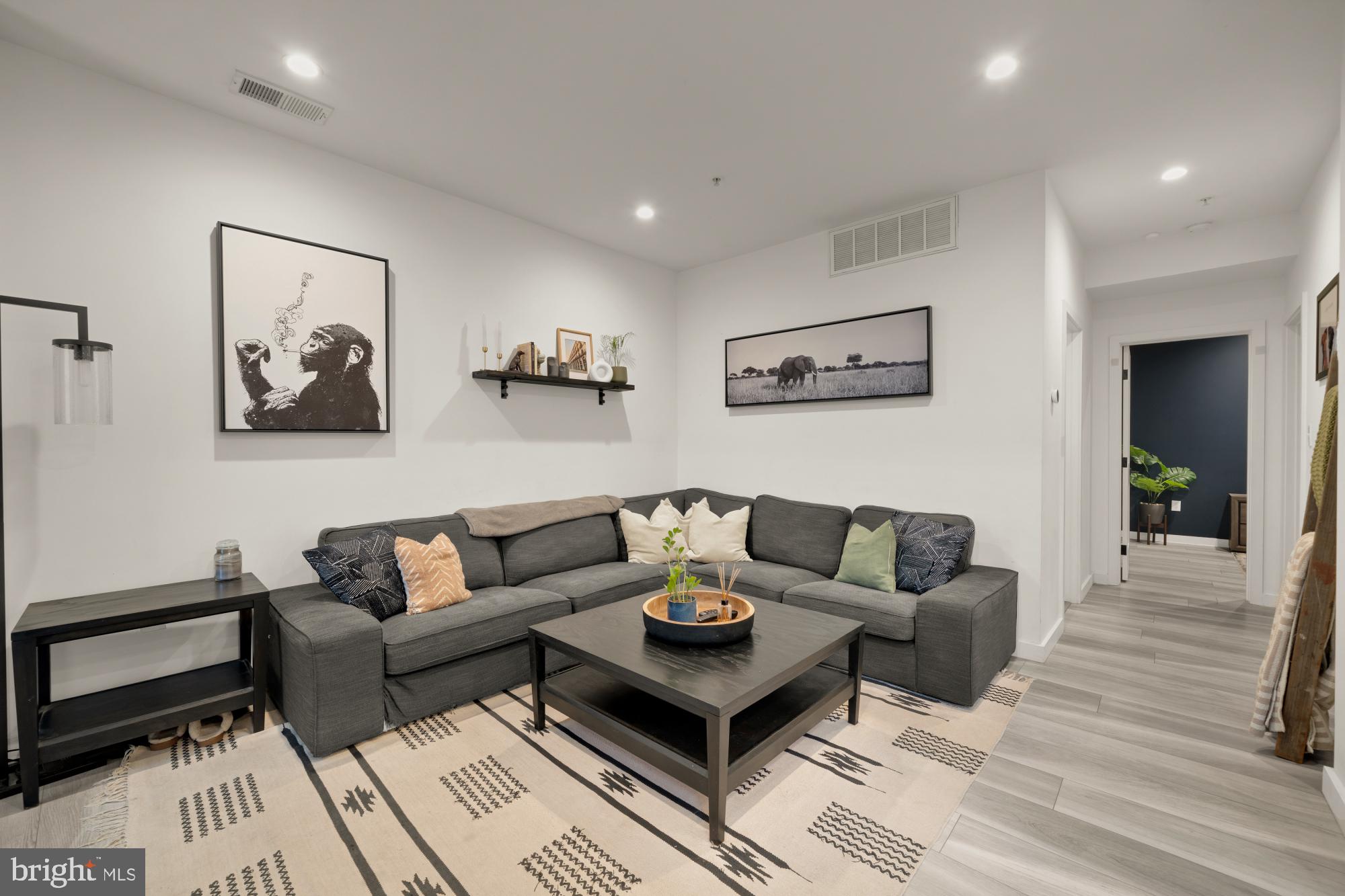 a living room with furniture and a rug