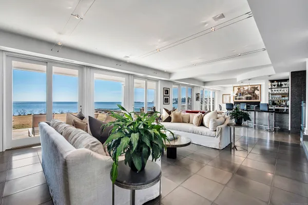 a living room with furniture potted plant and a large window