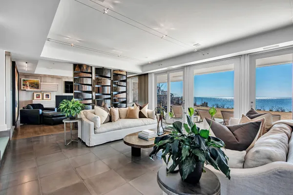 a living room with furniture and a potted plant