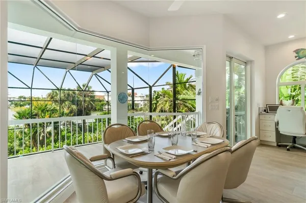 a view of a dining room with furniture window and outside view
